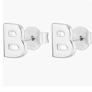 NIB PAVOI 14K White Gold Plated Sterling Silver Alphabet Letter Earrings "B"